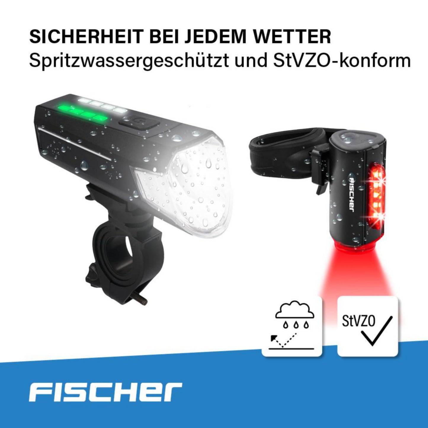 Fishing bicycle lighting set 80/40/20 lux, rechargeable light set Twin, front and 360° rear light, with battery and USB charging function, 3 lighting modes, splash protection according to IP44, approved by StVZO.