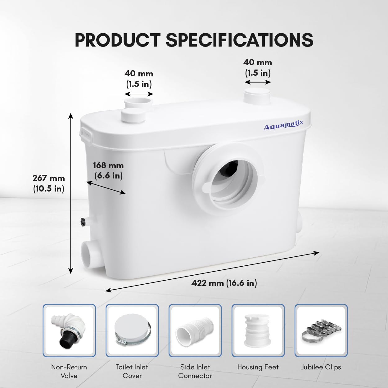 Aquamatix lifting station 400W Sanitary waste pump 100L/min 6.5m vertical discharge distance with 3 inlets for toilet, sink, and bathtub with charcoal filter.