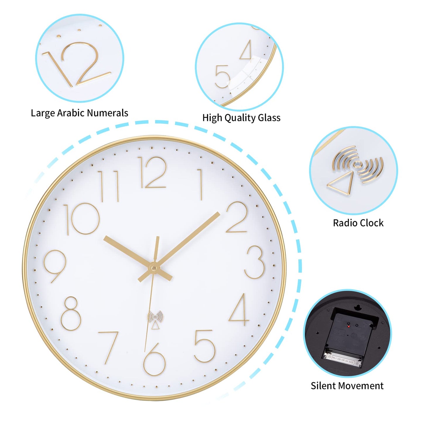 VIVILINEN Silent Wall Clock Modern Radio Controlled Clock Noiseless Non-Ticking Clock Hanging Clock for Living Room Bedroom Office Kitchen 30x30cm/12 Inch