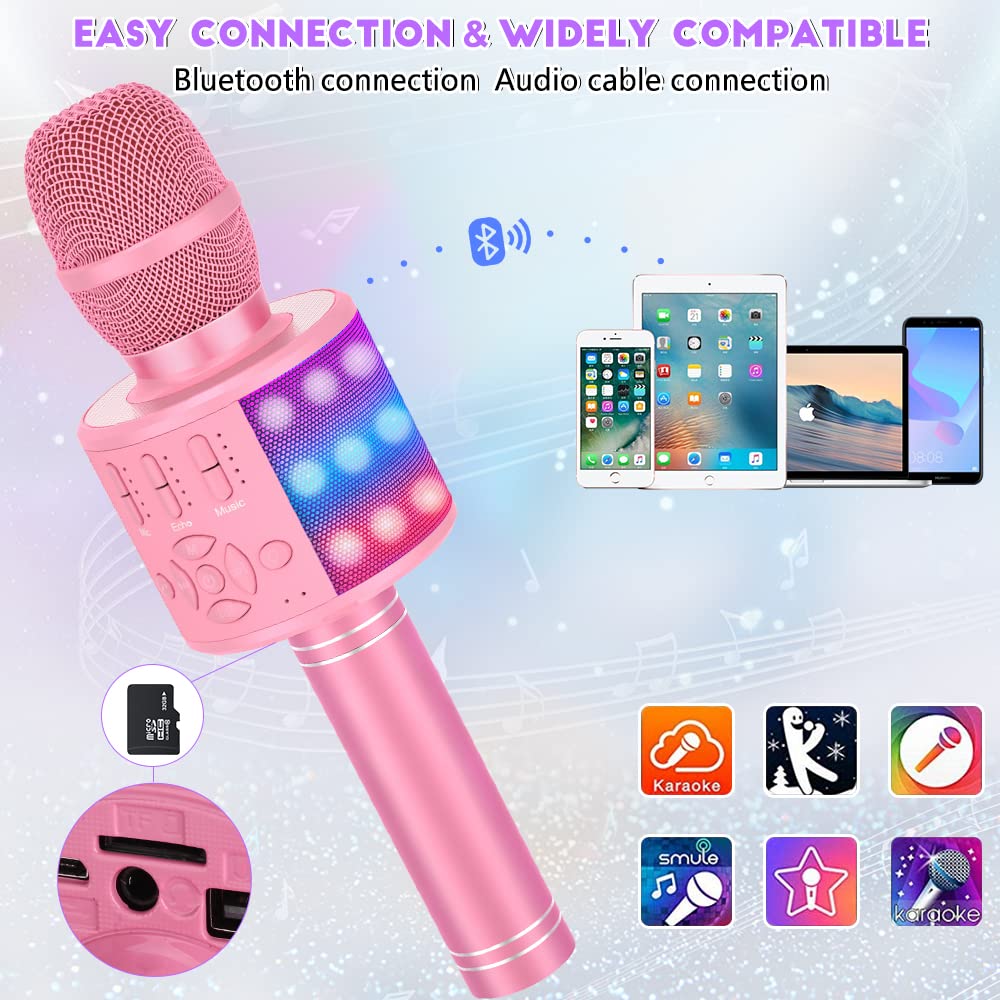 Magic Sing LED Karaoke Microphone for Kids, Wireless Bluetooth Toy for 3-12 Year Old Girls, KTV Speaker with Voice Changer, Home KTV Karaoke Machine for Android, iOS, PC (KP06-Pink)