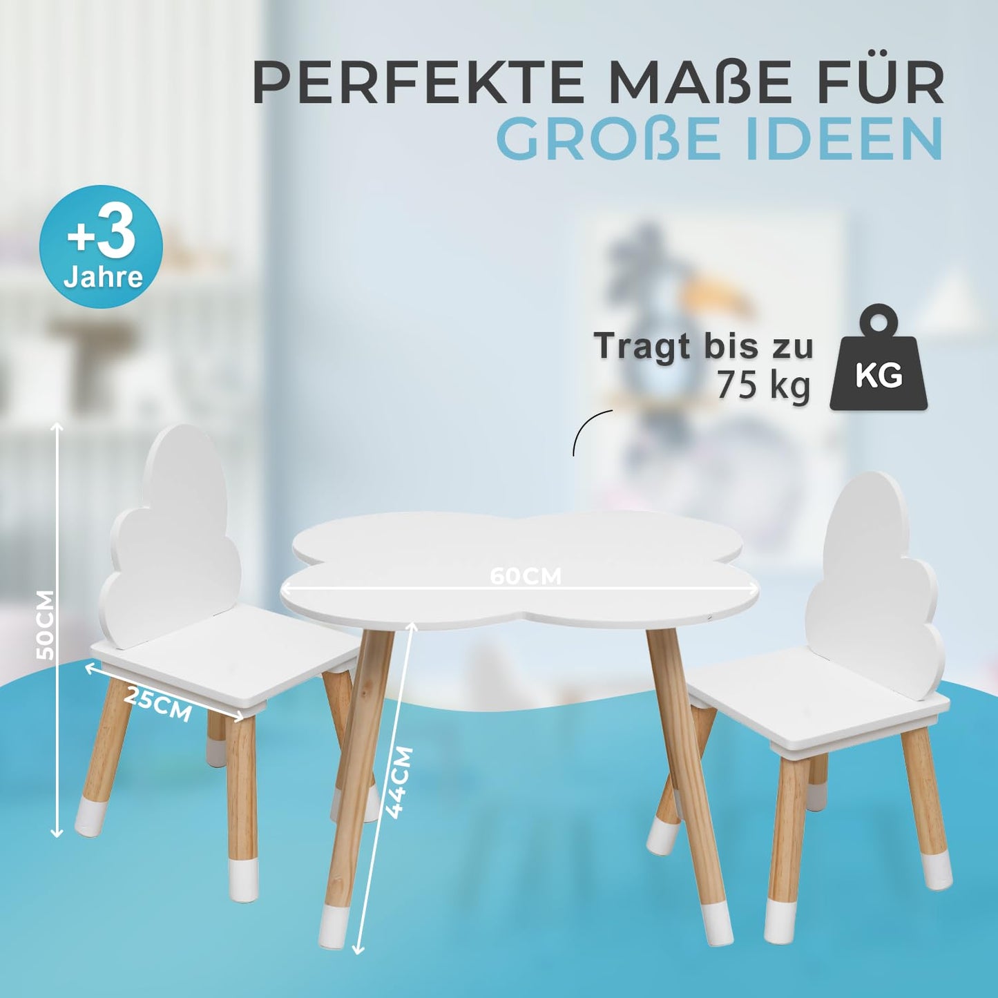 Rebecca Mobili Children's Table and Chairs Set, Chairs and Table for Kids' Room Furniture Light Brown White, MDF, Nordic Style - Size: 44 x 60 x 60 cm / 50 x 25 x 25 cm - Art. RE6733