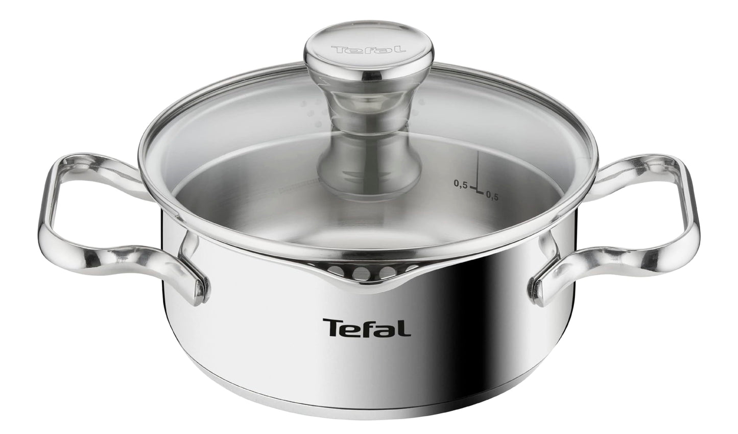 Tefal Duetto pot A70542 | 16 cm | Induction compatible | Easy to clean | Measuring scale | Glass lid for pouring off | Stainless steel