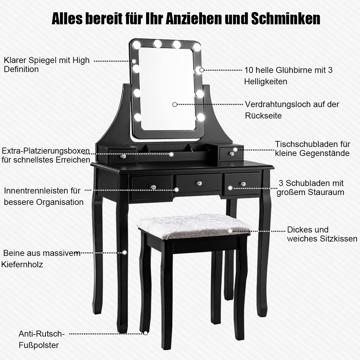 GOPLUS Vanity Table with Mirror and 10 LED Bulbs, Makeup Table with 5 Drawers and Organizer, Wooden Dressing Table, for Bedroom (Black)