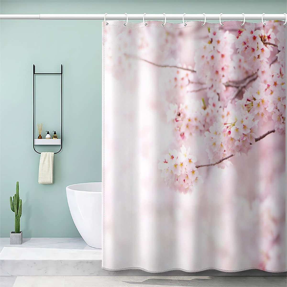 Shower curtain 240x200 Pink Sakura Anti-Mold Waterproof Extra Long Shower Curtains with 12 Shower Curtain Rings Flower 3D Design Bath Curtain for Bathtub Bathroom
