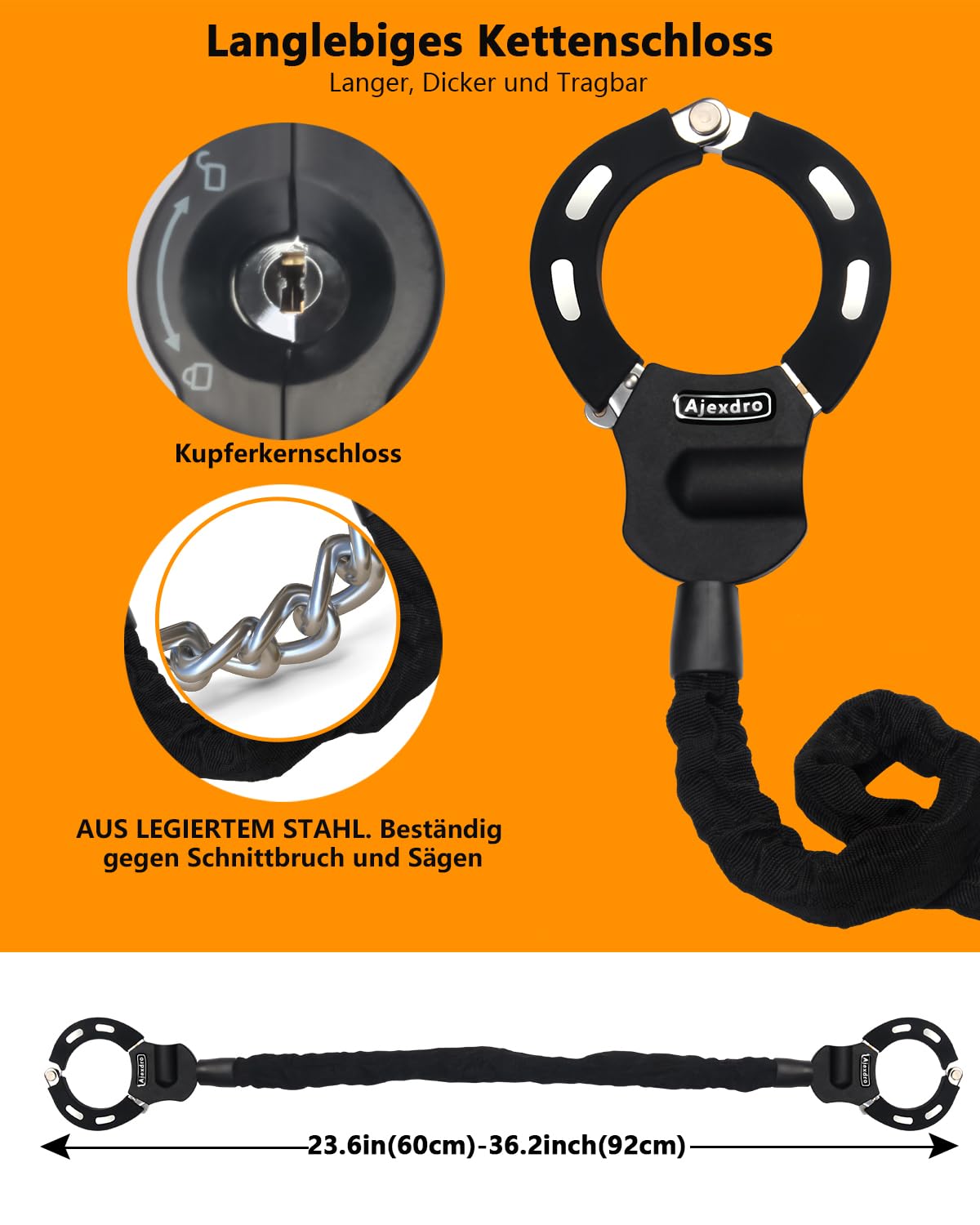 E-scooter lock, handcuff lock with key, lock for e-scooter with rubber lock sleeve, bike lock high security, 90cm, ideal for e-scooter, bike, stroller (key lock A)