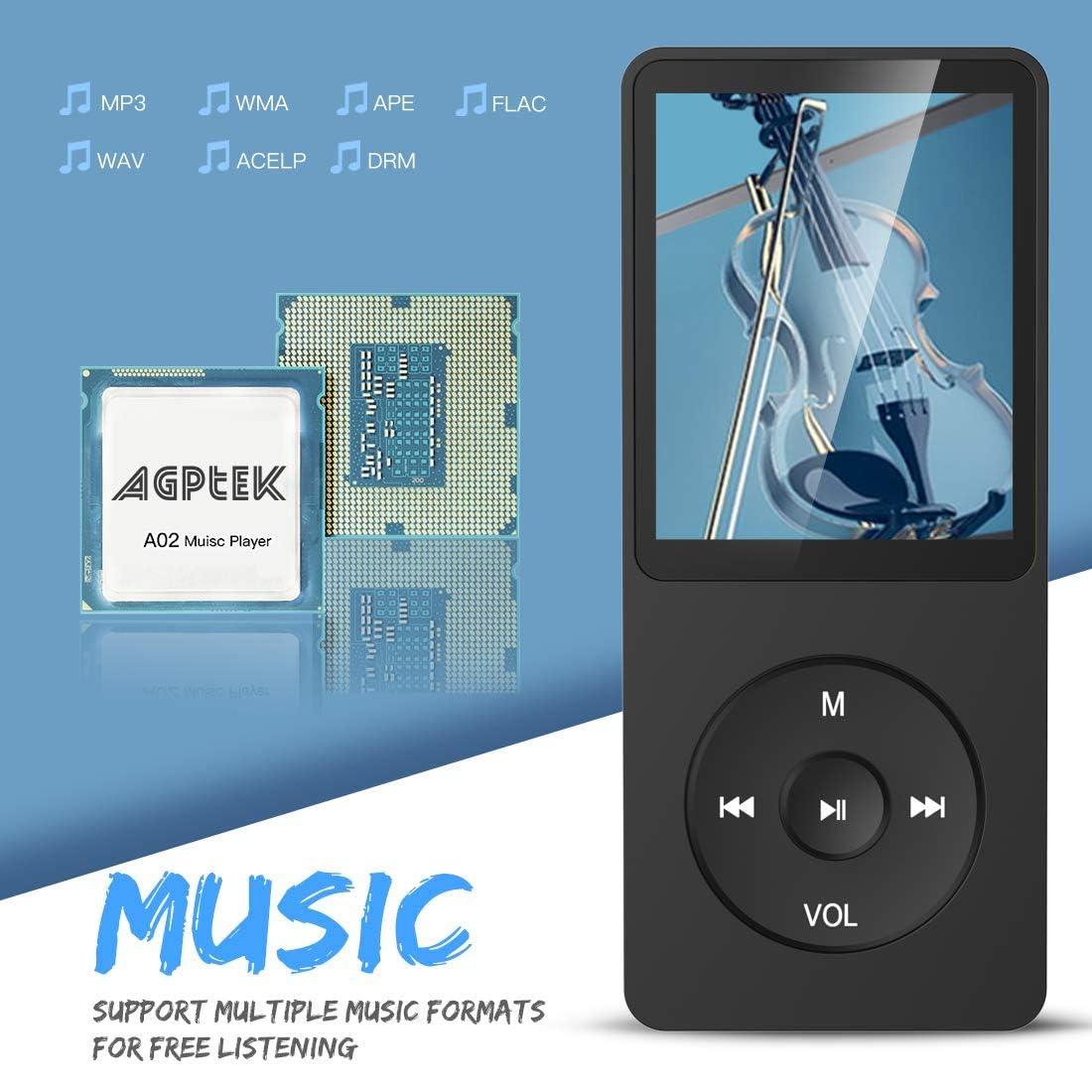 AGPTEK MP3 Player, 16GB lossless MP3 with 1.8 inch screen, 70 hours portable music player with headphones, FM radio, pictures, recordings, e-book, black.