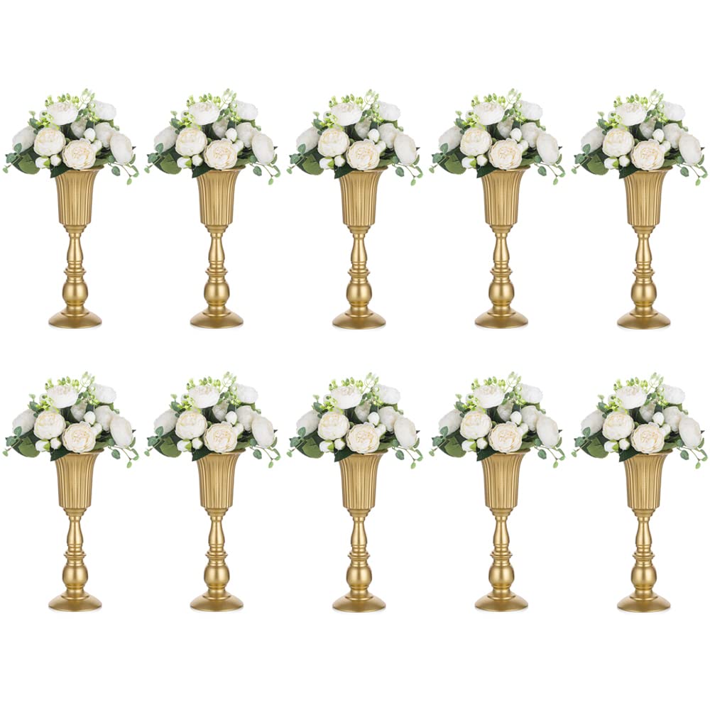 Nuptio 10 Piece Blooming Metal Trumpet Vase Elegant Vase with Centerpieces for Wedding Celebrations, 31.9cm High, Artificial Flower Arrangements for The Anniversary Party Gold