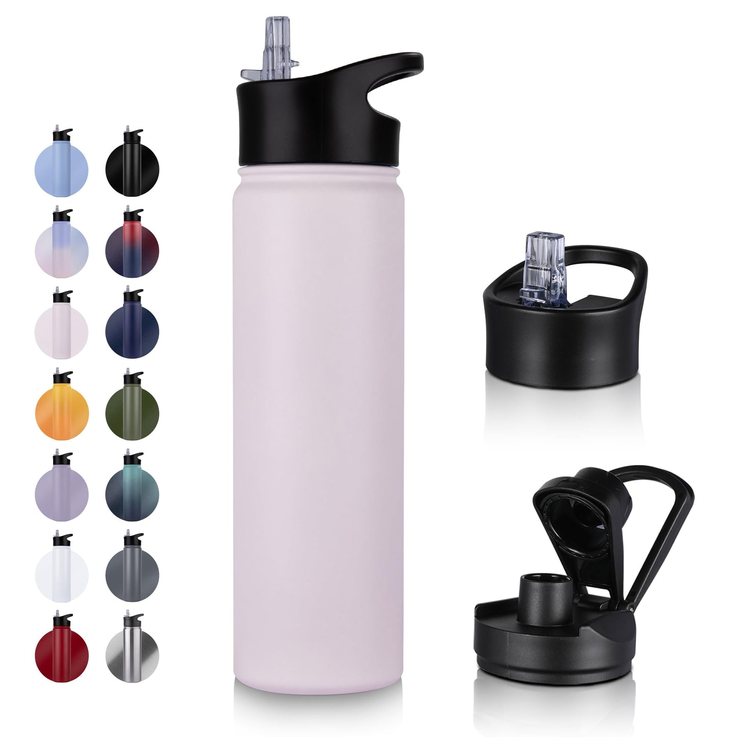 UMBFUN stainless steel water bottle - 750ml - with straw, leak-proof, suitable for carbonated drinks, BPA free thermos bottle (+2 lids) Vacuum double-wall insulation for sports, travel, camping, school, bike, gym.
