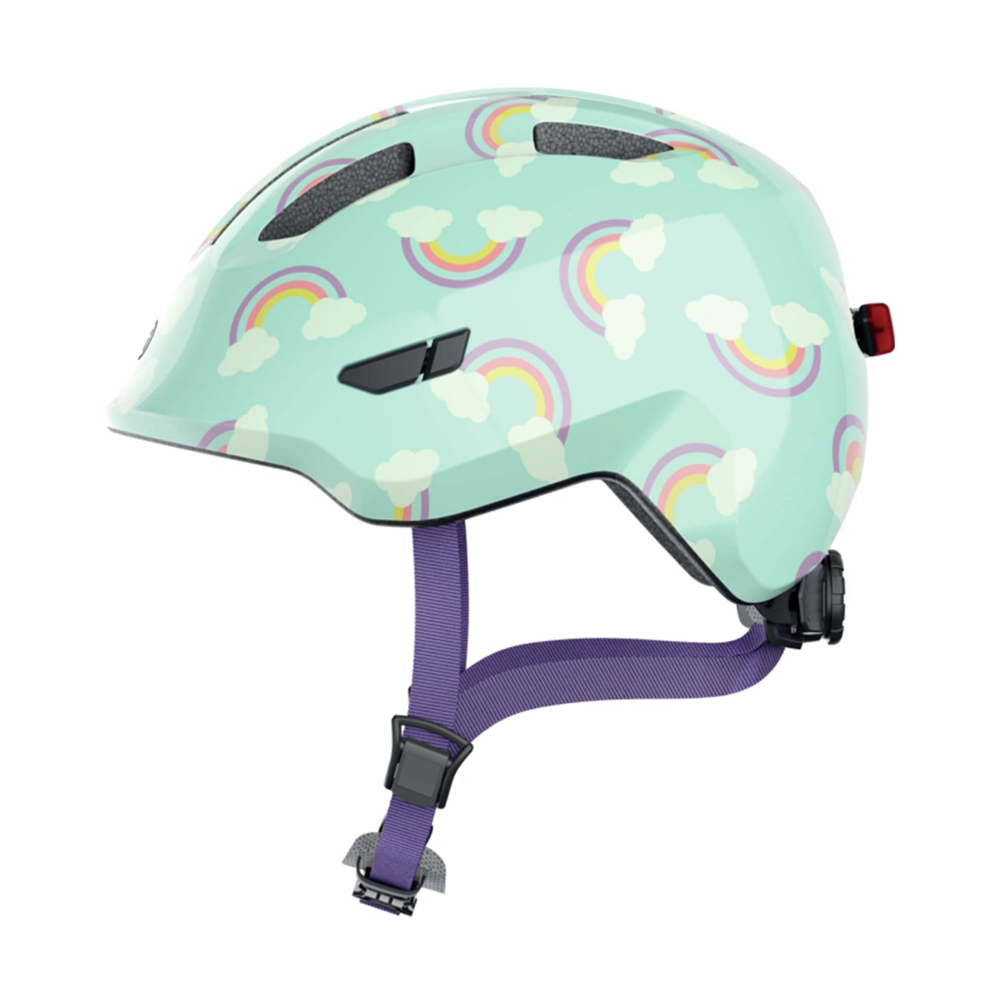 ABUS Children's Helmet Smiley 3.0 LED - bike helmet with light - deep fit & space for a ponytail - for girls and boys - Light blue with rainbow pattern, size M