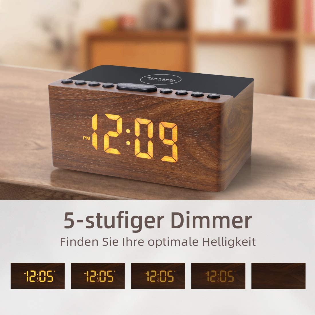 ANJANK Digital Wooden Alarm Clock with Wireless Charging Station, 10W Fast Charger for iPhone/Samsung Galaxy, LED Display with 5-Level Dimmer, USB Charging Port, Clock Radio, No Ticking
