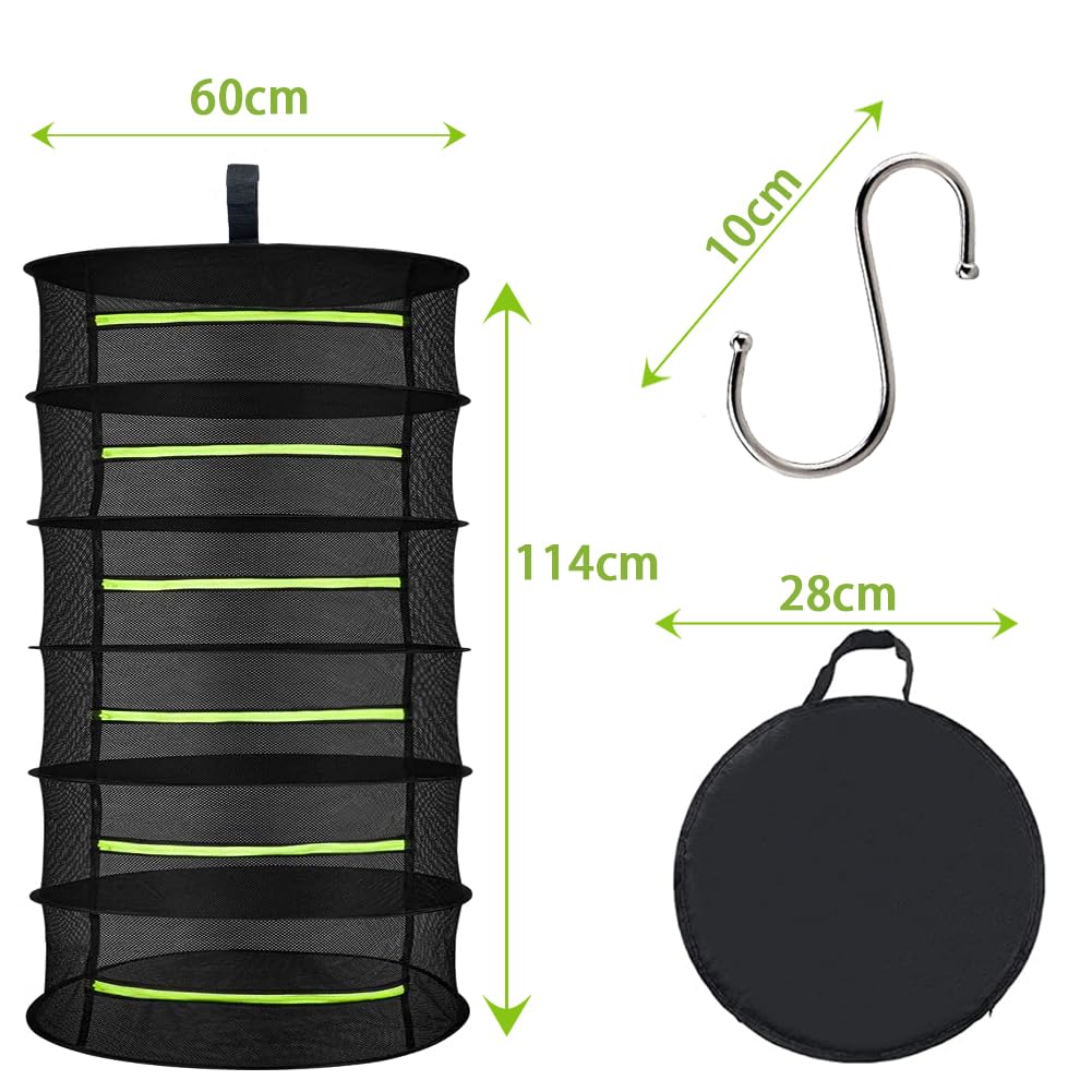 MORELX Herb Drying Rack, 6-layer Drynet, Hanging Drying Net with zippers, Foldable Drying Net with S-hooks and storage bag.