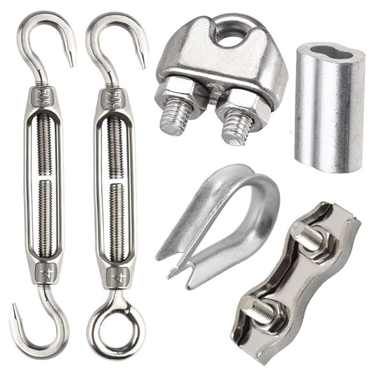 Leaum 30 piece turnbuckle M4 wire tensioner set, with stainless steel turnbuckle M4, 3mm stainless steel wire rope clamp, 3mm wire rope thimble, and 3mm aluminum ferrule for tightening tensioned rope.