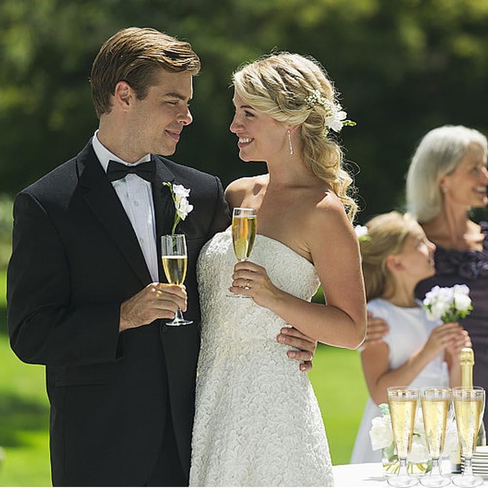 Plastic champagne flute glasses, set of 50. 150ml capacity, reusable. Great for weddings, birthdays, picnics, and parties. Size: 16 x 5.5 cm. Transparent.