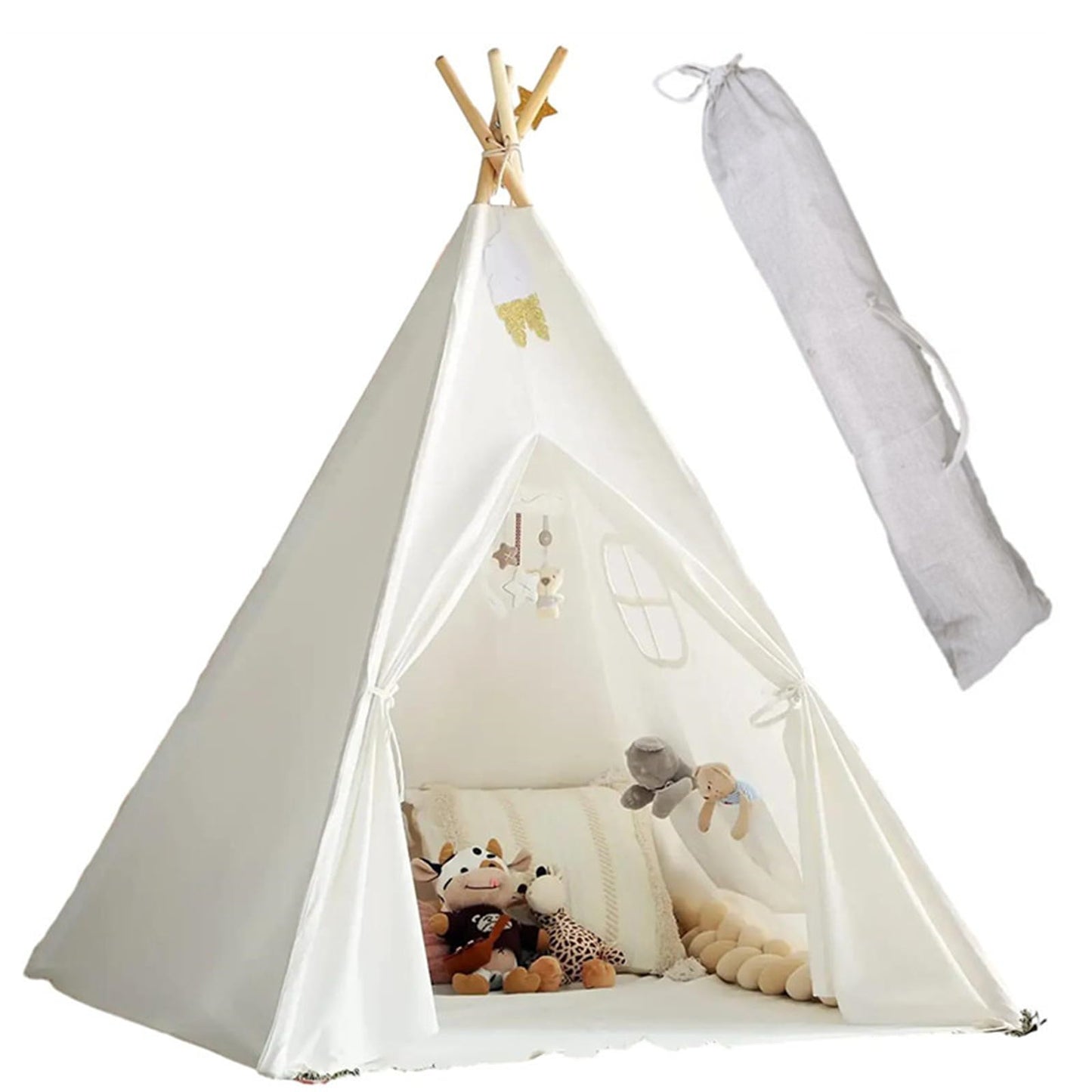 Lifemaison Kids Teepee Play Tent Polyester 120x120x130cm, Children's Tent White Kids Teepee in Montessori style Polyester and wood frame, Teepee Tent for Kids, Polyester Teepee Kids Tent for Outdoor and Indoor