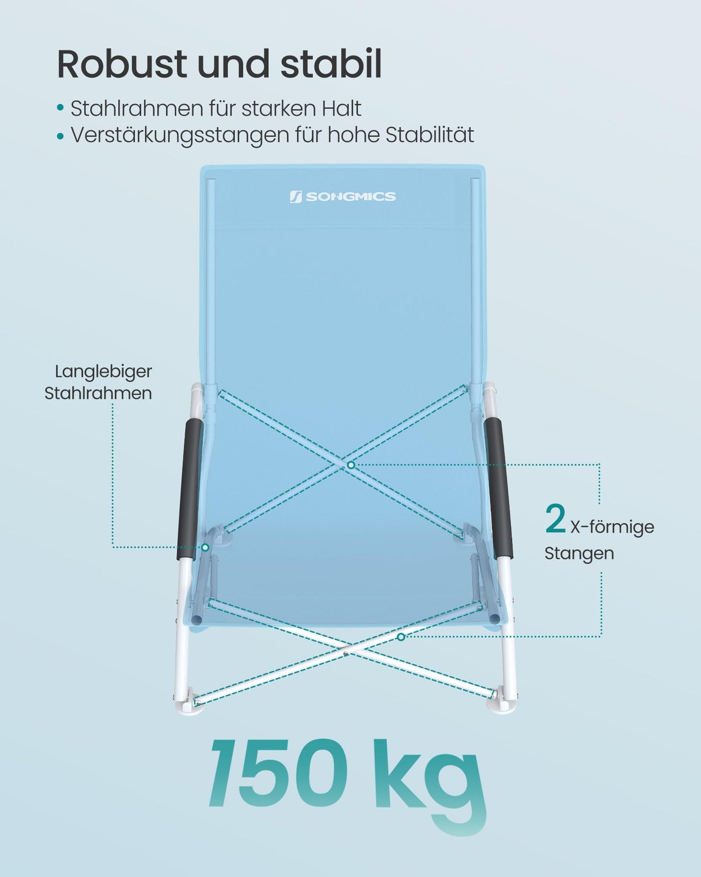 SONGMICS Beach chair, portable folding chair with high backrest, collapsible camping chair, lightweight, high load capacity, outdoor chair with carrying bag, light blue GCB61BU