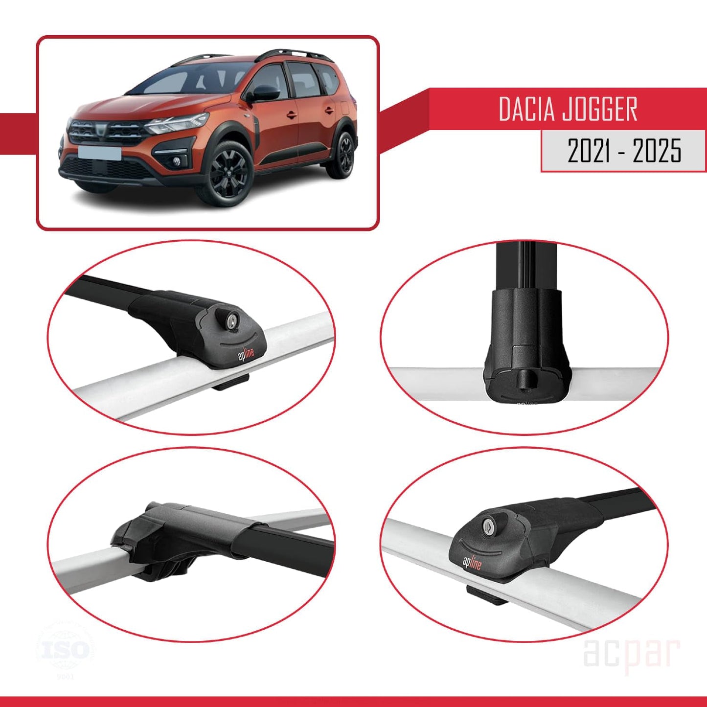 acpar Compatible with Dacia Jogger 2021-2025 ACE-1 Roof Rack Cross Bars Black Aluminum 2 Bars