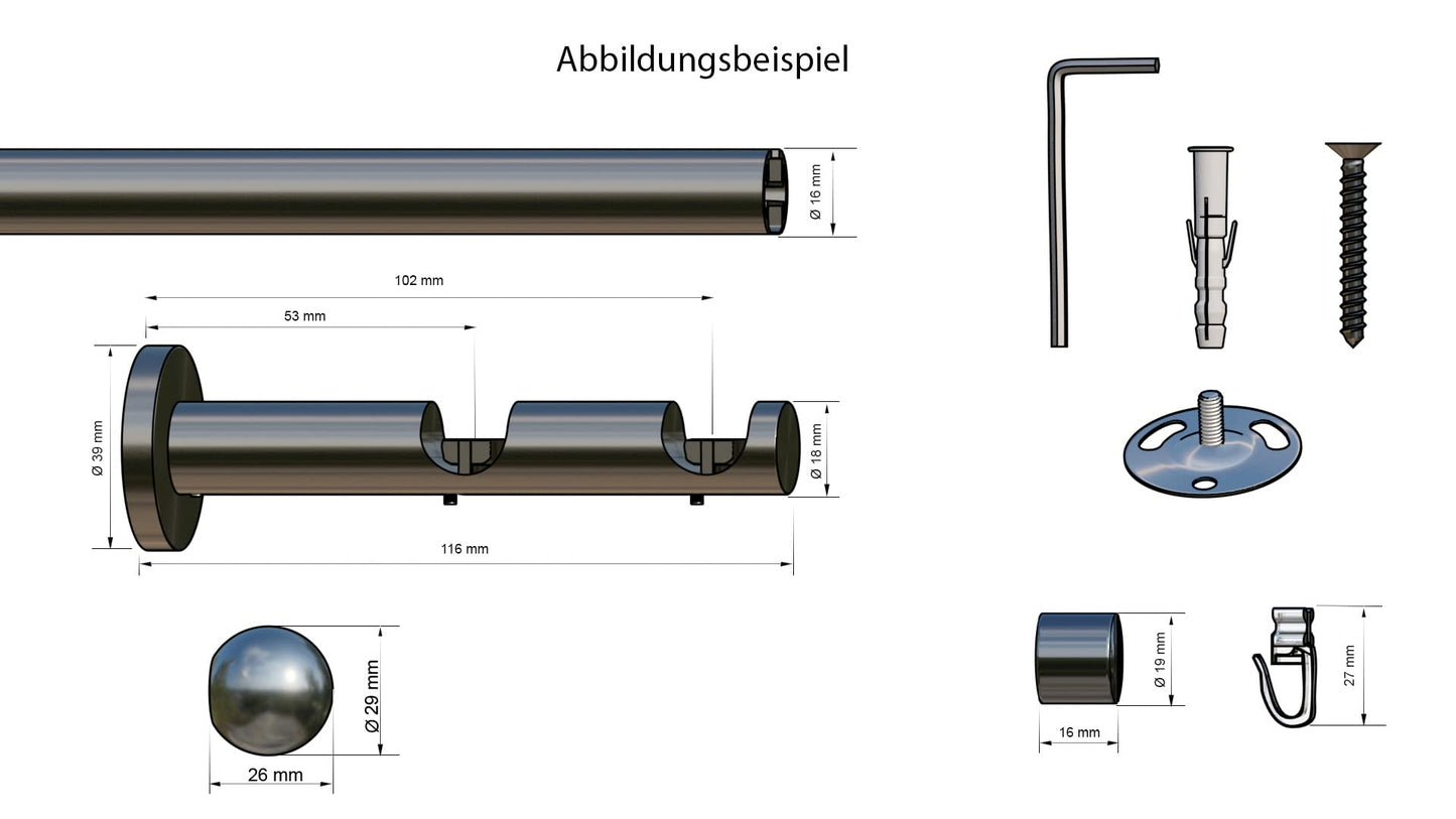 inDeco COLUMBES, curtain rod with inner track Ø 16 mm made to measure, 2-rail, stainless steel look, complete set with accessories.