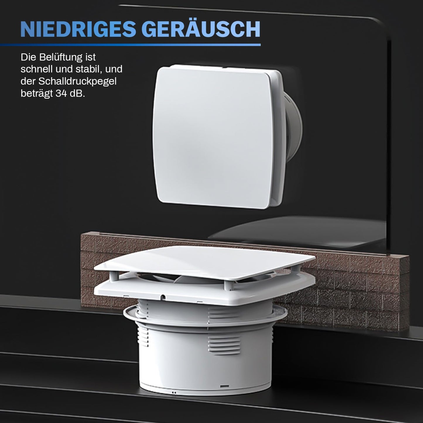 XIW Bathroom exhaust fan Ø100mm with backdraft damper, EU plug, 95 m³/h, 12 watts / 34dB wall fan for bathroom, toilet, kitchen.