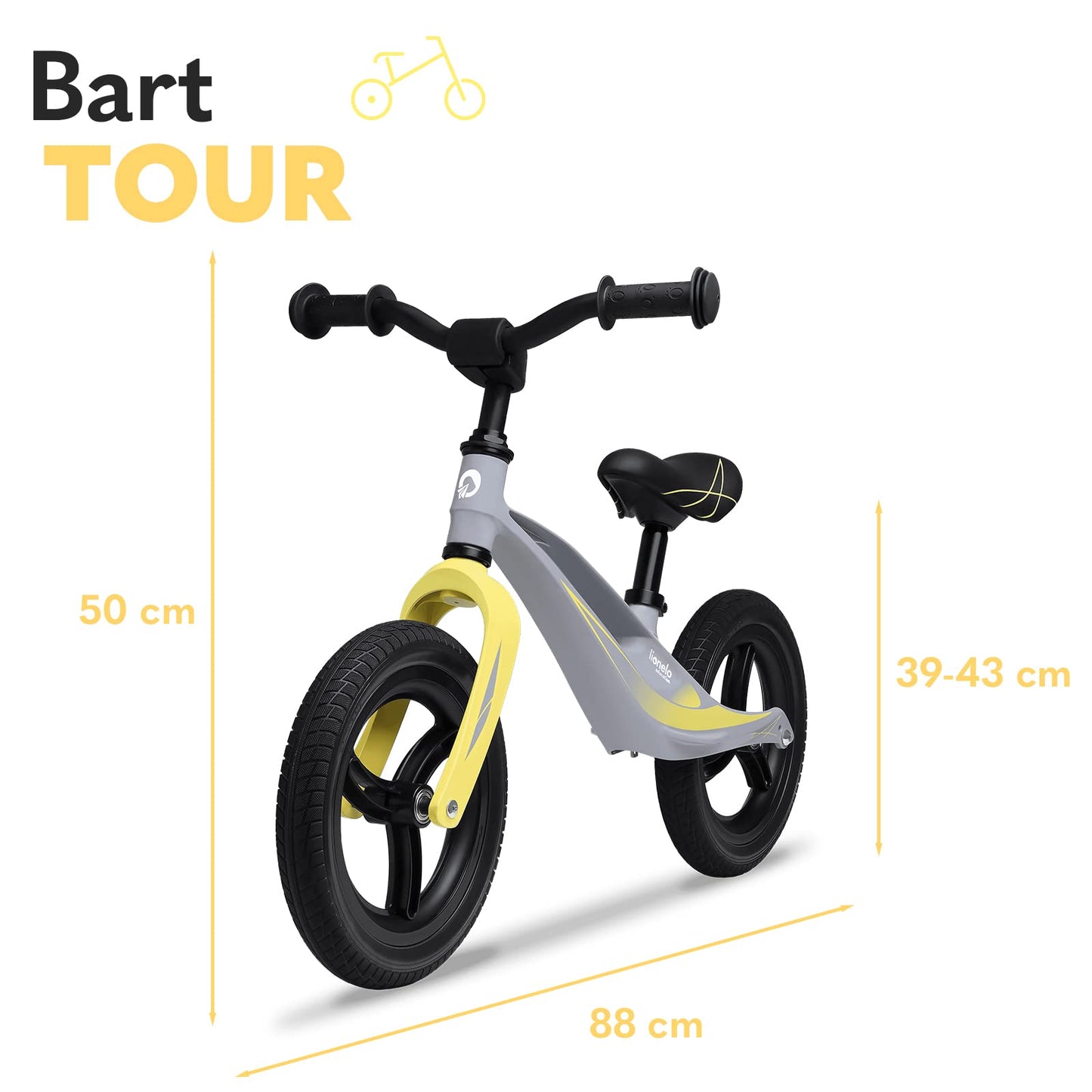 Lionelo Bart Tour balance bike for ages 2 and up to 30 kg, magnesium frame, sporty style, maintenance-free PU 12" wheels, adjustable handlebar and saddle, durable and very light.
