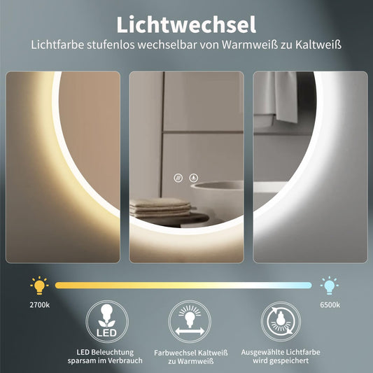 HOKO bathroom mirror 60cm ULM, with ANTI-FOG MIRROR HEATING, round bathroom mirror with LED lighting and with touch switch + LED change - Warm White - Cool White - Neutral.