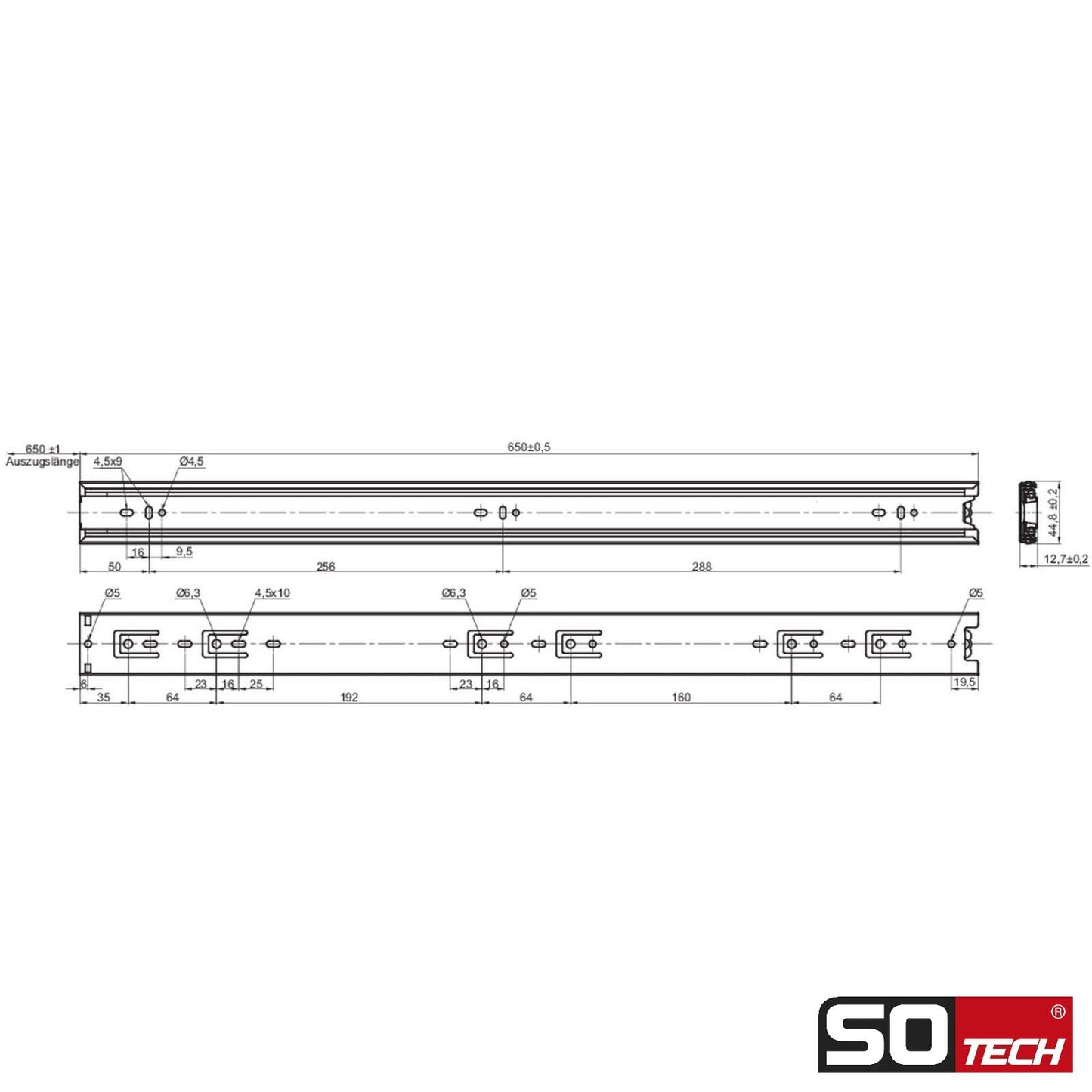 SOTECH 2 pairs (4 pieces) Full extensions KV1-45-H45-L650-NF 650 mm (retracted) Ball bearing slide ball bearing load capacity 45 Kg