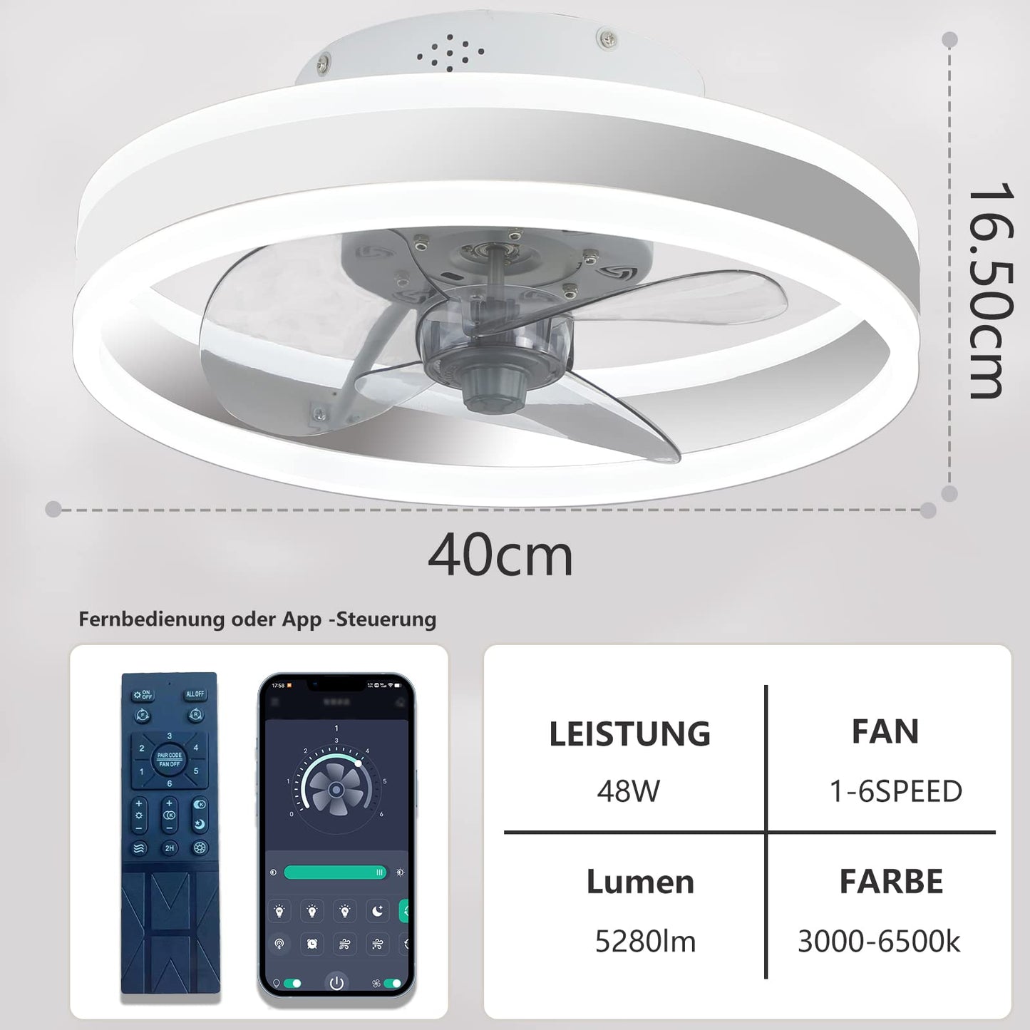 Wildcat ceiling fan with lighting, LED ceiling light with fan 48W ceiling lamp, 3 color temperatures (3000-6500K) & 6 fan speeds, Quiet ceiling fan light...