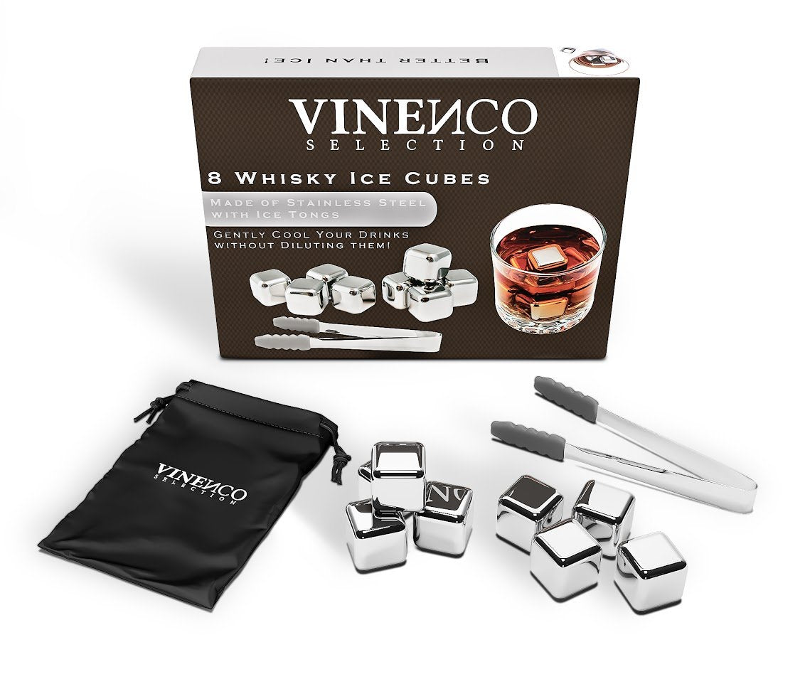Whiskey Stones Set - 8 Reusable Stainless Steel Ice Cubes, Tongs + Fabric Bag, Whiskey Ice Cubes Metal Cooling Stones Bar Accessories Cocktail Rocks Gin Stones Decorative Accessories Gift Whiskey Stones