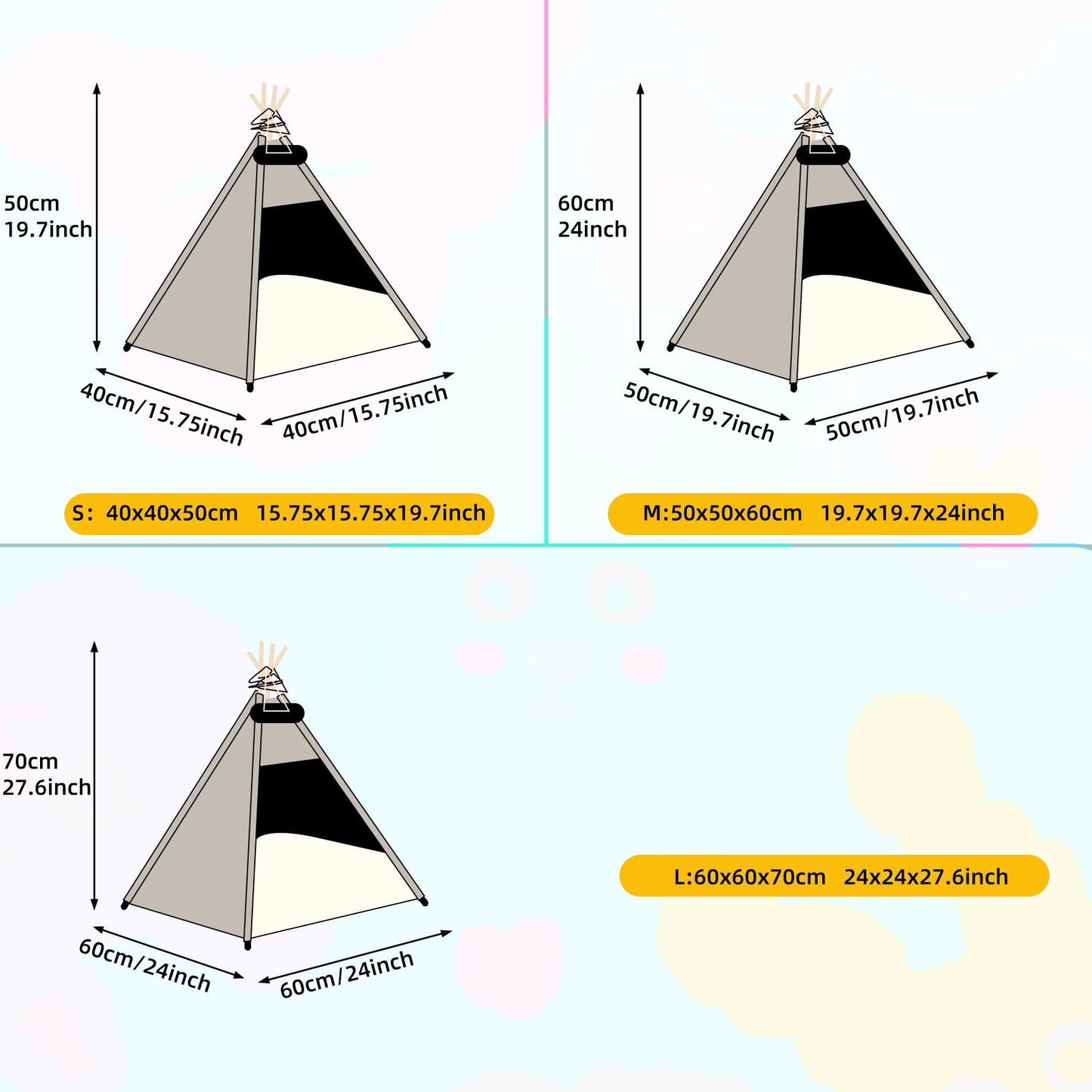 Whiwhi Tipi tent for pets, dog tent, cat tent with washable cushion. Pet tents, houses, dog caves, and pet houses. Foldable pet tent furniture 50x50x60cm.
