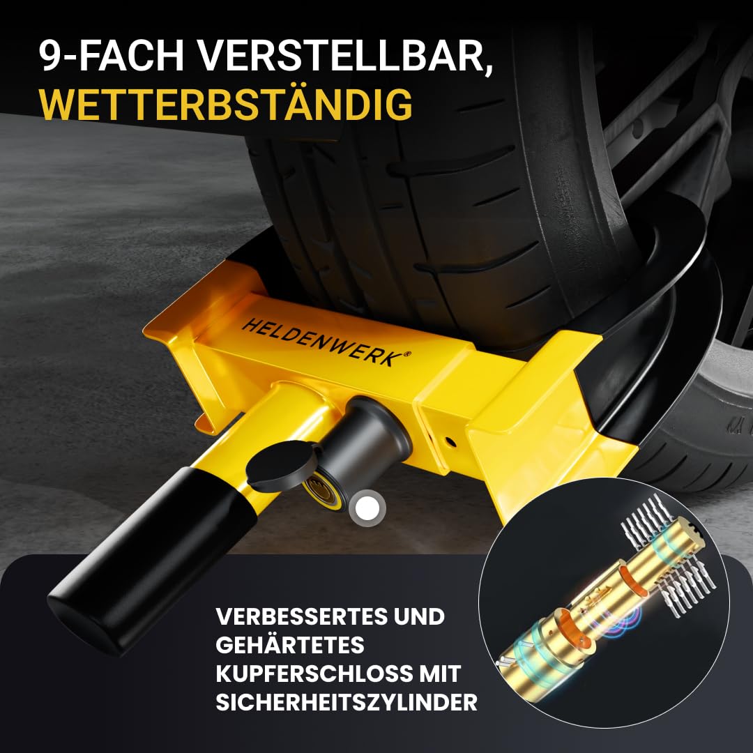 HERO WORK Parking Claw Wheel clamp with high-security lock & 3 keys - for trailers, motorhomes, caravans, cars - car wheel clamp, wheel clamp, wheel claw for 18-30cm tire width (Black/Yellow)