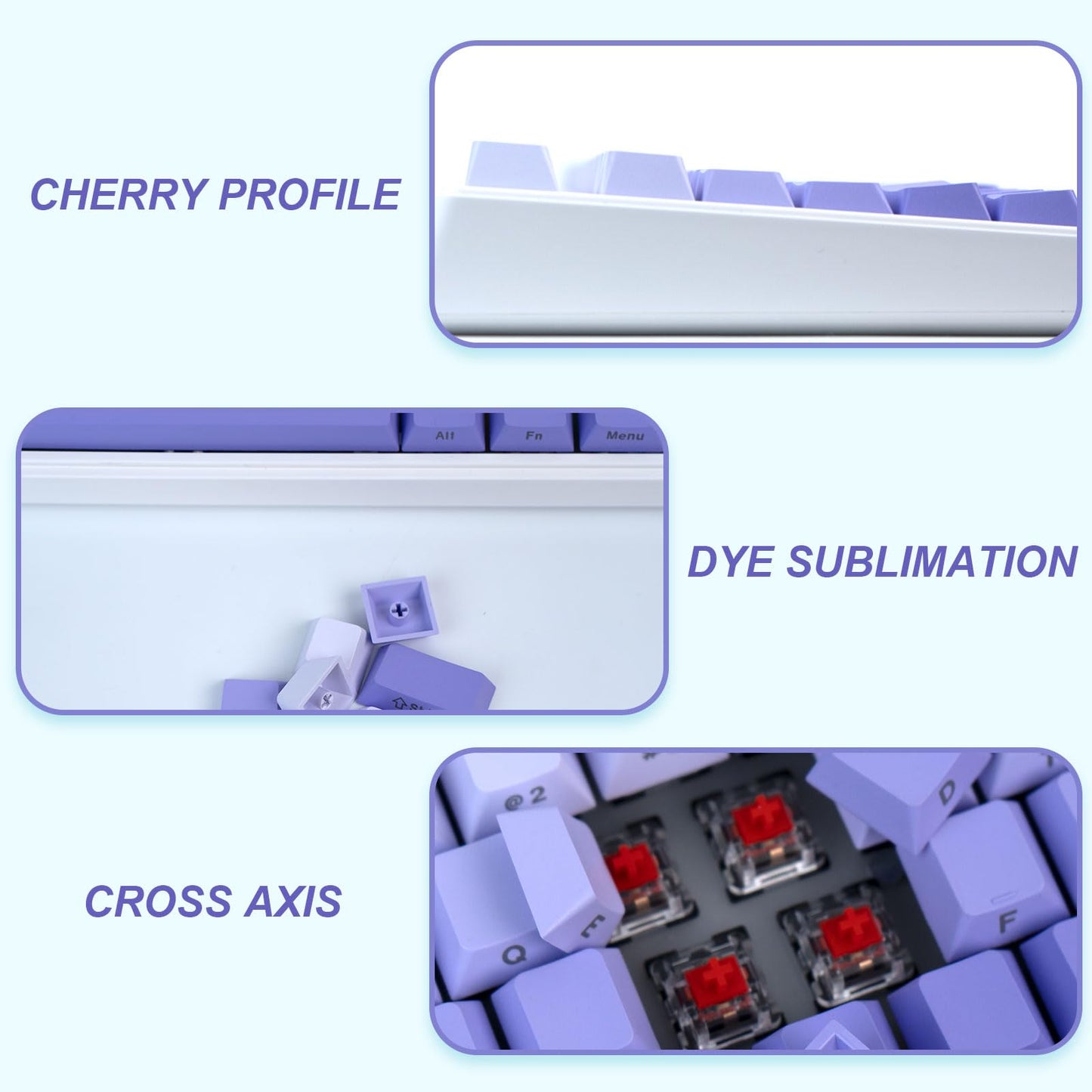 JOLINTAL 124 Key Keycap Set Gradient Purple made of PBT material in Cherry profile with dye-sublimation. Compatible with Cherry MX switches and mechanical gaming keyboards.