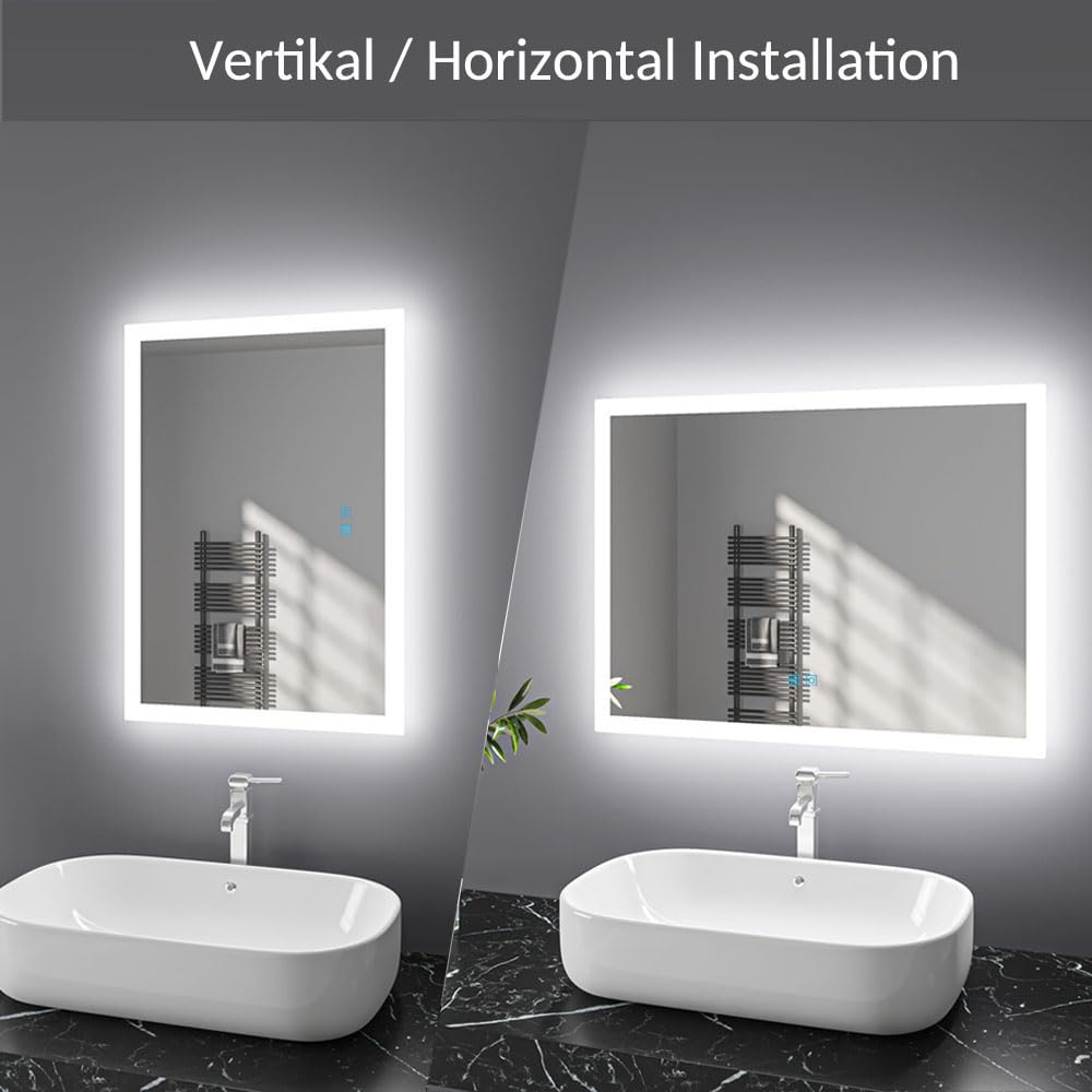 100x60cm LED bathroom mirror with lighting, touch switch, demister, dimmable feature in cool white/warm white. Can be mounted horizontally or vertically, energy-saving IP44 rated.