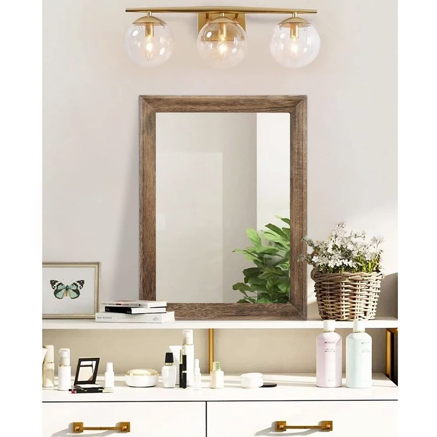 AAZZKANG Rustic Wood Mirror Rectangular Decorative Large Wall Mirror 50x40cm with Frame Bedroom Living Room Bathroom Hanging Mirror Brown