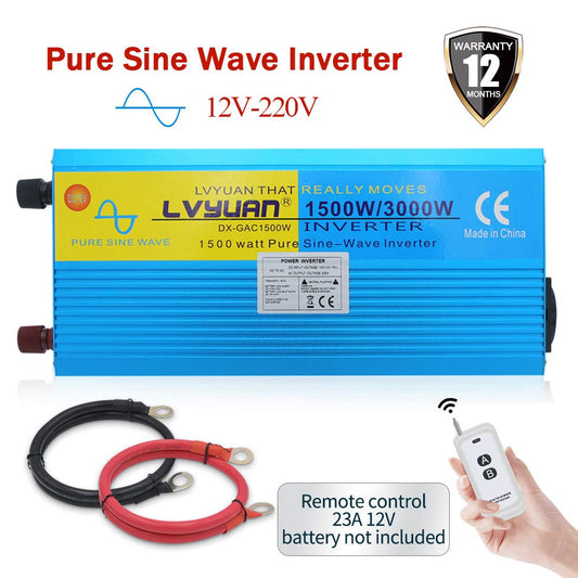 Cantonape 12V 230V inverter 1500W/3000W pure sine wave with remote control, EU socket, LED+LCD display, for car, caravan, boat, camping, travel.