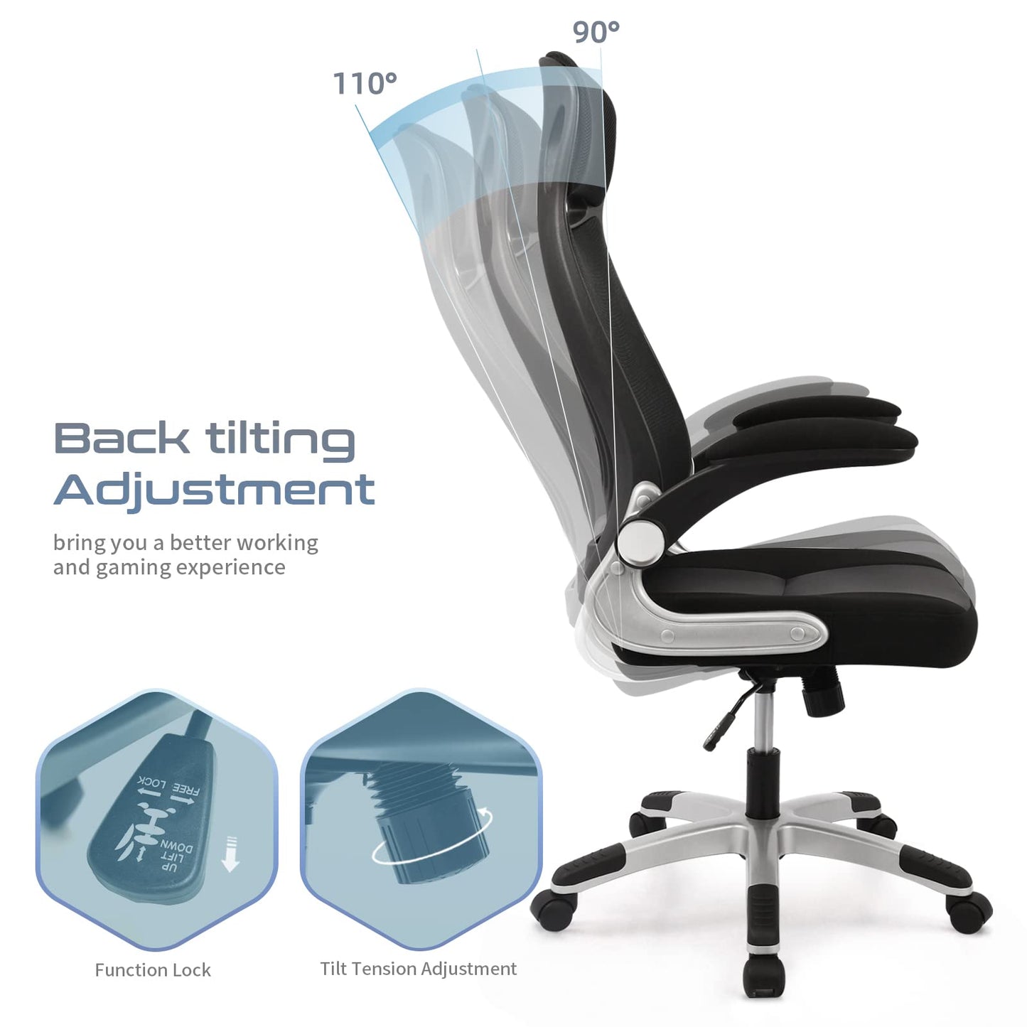 IntimaTe WM Heart Office Chair Ergonomic, Desk Chair with Foldable Armrests, Headrest and Lumbar Support, Mesh Executive Chair with Wheels, Black