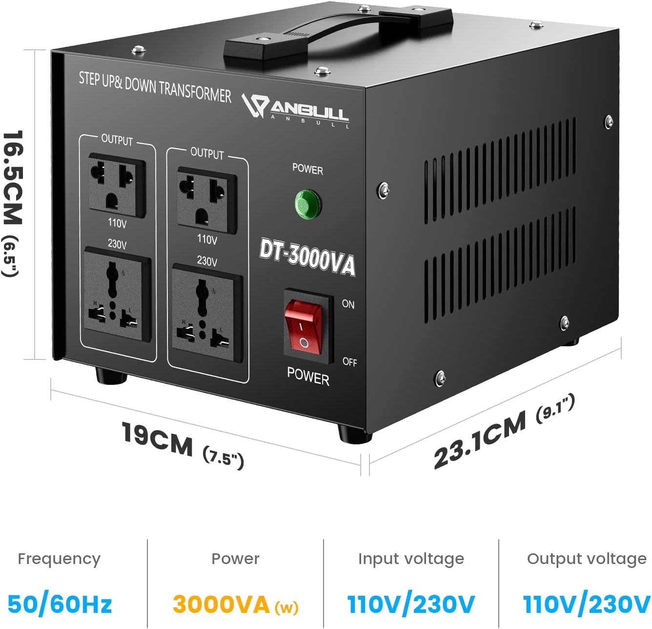 Anbull DT-3000W Voltage Converter Toroidal Transformer, Voltage Converter 110V to 230V, Step up down Converter, plug 230 to 110v, 50-60Hz