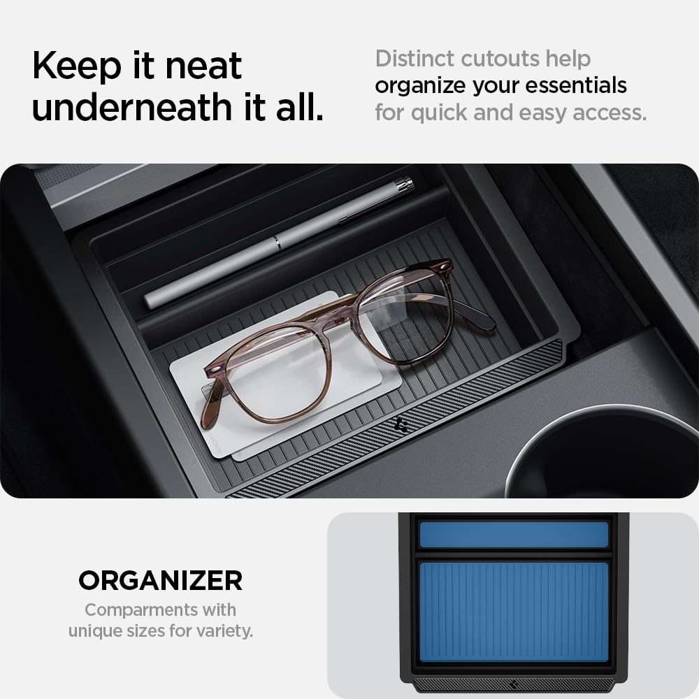 Spigen Tesla Model Y 2025 Juniper Model 3 Highland 2024 2025 Center Console Organizer with Smooth Slide Technology. Storage box armrest tray accessory for Model Y Juniper and 3 Highland - Carbon.