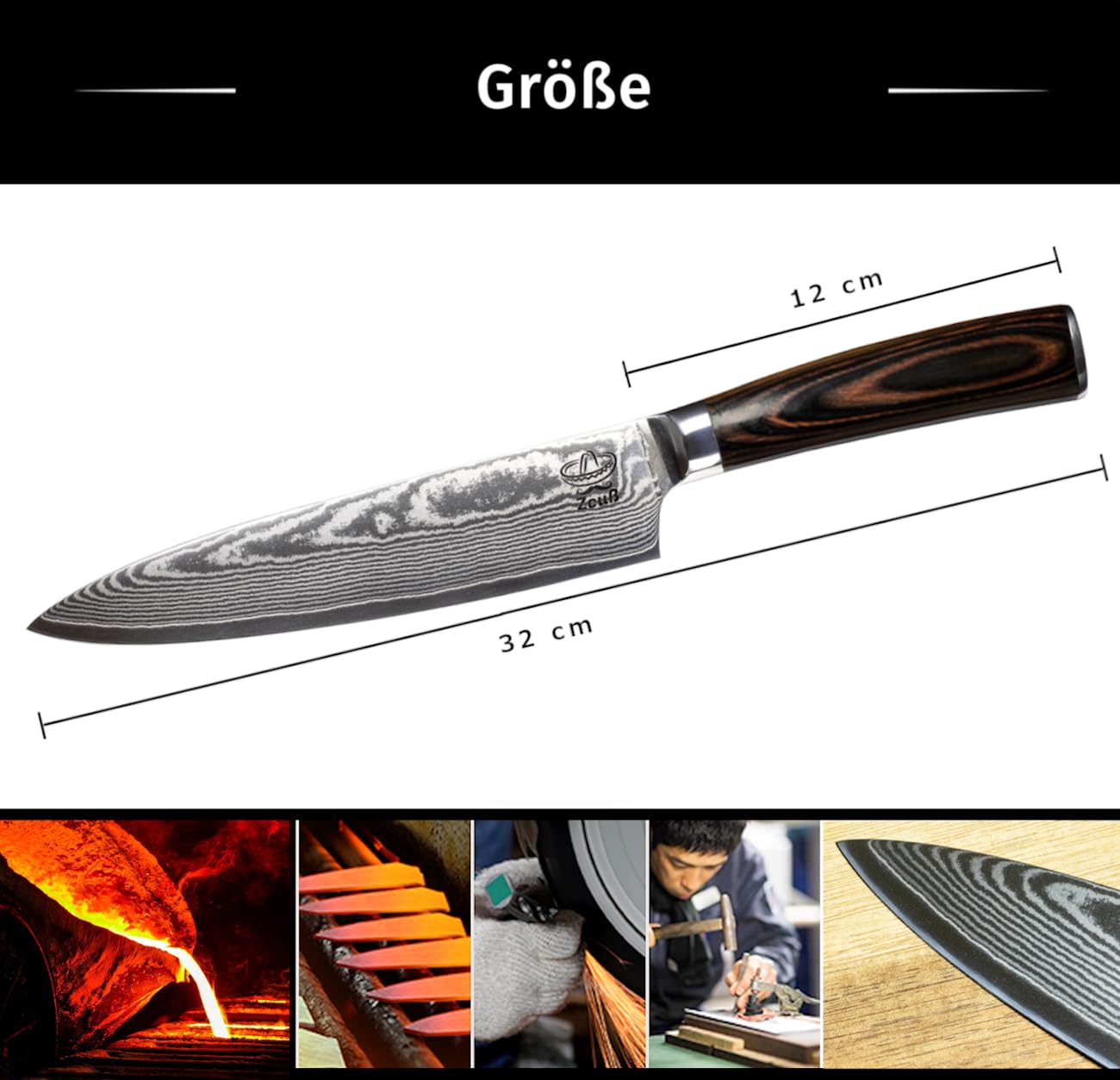 ZEUS Damascus Knife Kitchen Knife XL (32cm) Professional chef's knife made of genuine 67 layers of Damascus steel I Damascus kitchen knife and chef's knife with sharpening stone, wooden handle, blade cover, and gift box