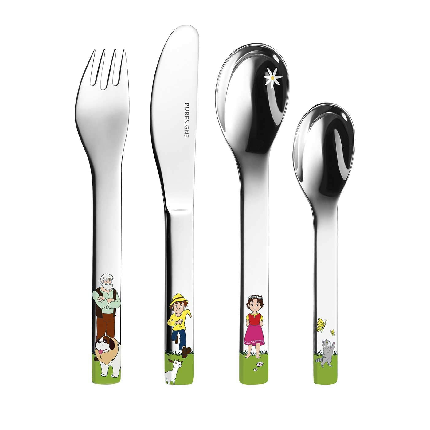 Puresigns ONE Heidi children's dinnerware porcelain kids cutlery stainless steel polished silver 7-piece