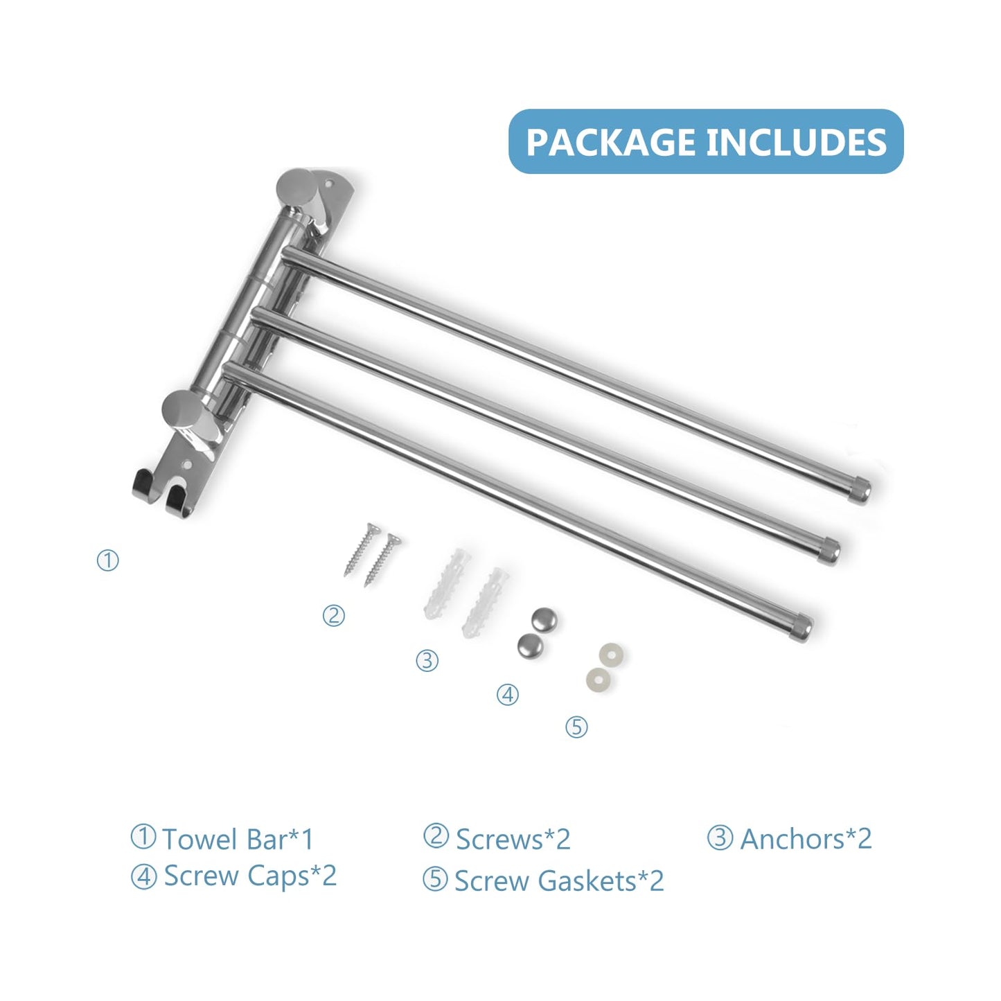 JSVER Stainless Steel Towel Rack 40CM, Towel Holder 180° Rotation with 3-Arm Swivel Arm Towel Bar with Hooks Space-saving for Bathroom, Kitchen, and Wardrobe - Silver.
