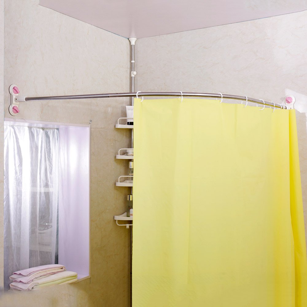 BAOYOUNI Curved Shower Curtain Rod No Drill Shower Curtain Tension Rod Telescopic Stainless Steel Curtain Rod Rust-Resistant Bathroom Curved Shower Rail Pole 95.5 x 95.5 cm, Ivory