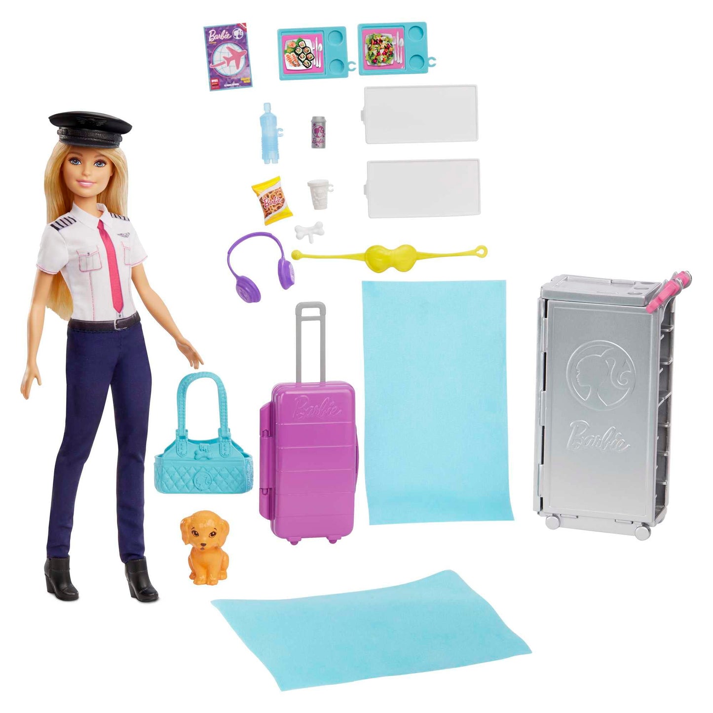 Barbie airplane with pilot doll, featuring movable wheels and 15 accessories including pet and trolley, in pink, suitable for ages 3 and up, GJB33.