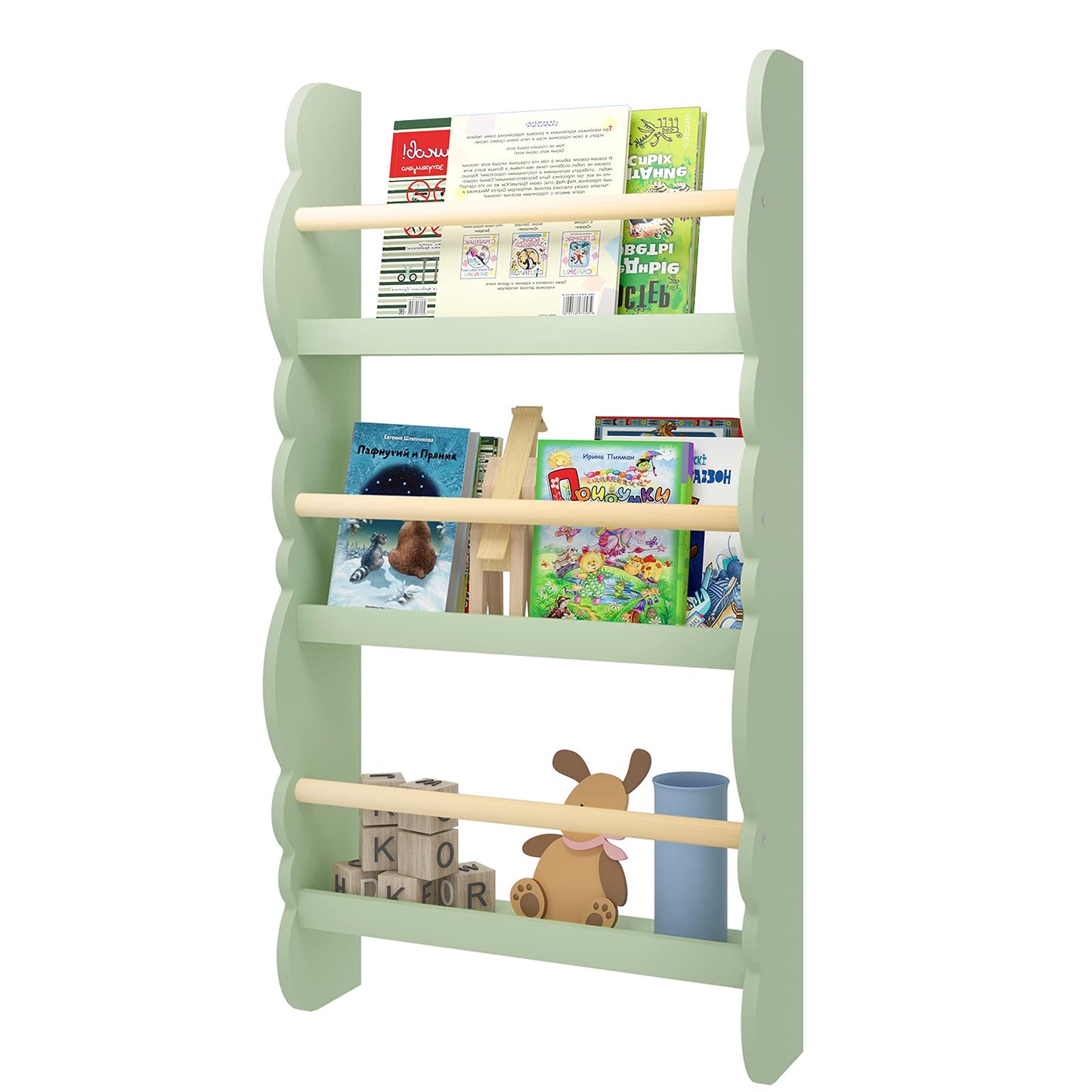 WOLTU Children's Bookshelf Wall, Book Organizer with 3 Shelves, Kids Shelf for Book Storage, Pine Wood E1 MDF Wall Shelf for Children's Room, Green