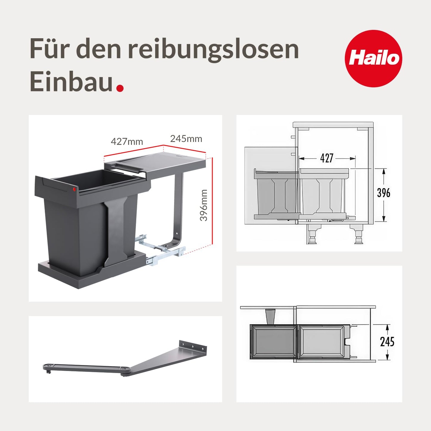 Hailo Waste Bin 3636001 | Solo model with pull-out mechanism | 20 liter inner bucket | for cabinets from 400mm width with hinged door | Anthracite