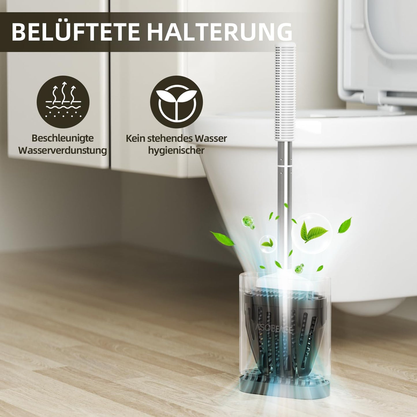 ASOBEAGE Silicone Toilet Brush: Flexible head, stainless steel handle, wall-mounted, quick-drying holder for bathroom cleaning (White)