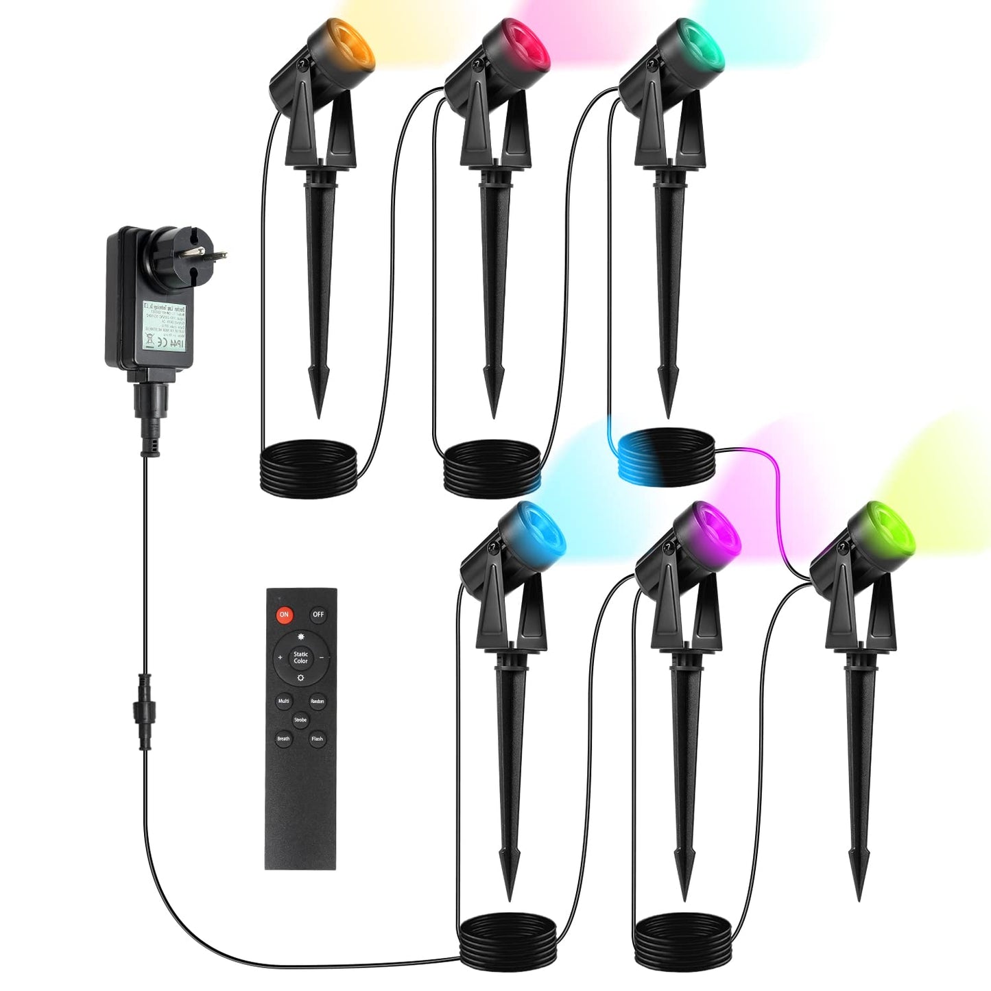 Gimisgu garden lighting LED, 6 in 1 RGB color changing garden lights LED with ground spike, 6-piece set garden lamp pathway lighting with plug and remote control, IP65 waterproof for garden pond.