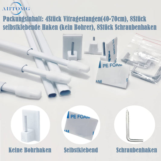 4 pieces of extendible curtain rods for curtains, windows, kitchen, DIY projects. Adjustable length from 40-70cm in white color.