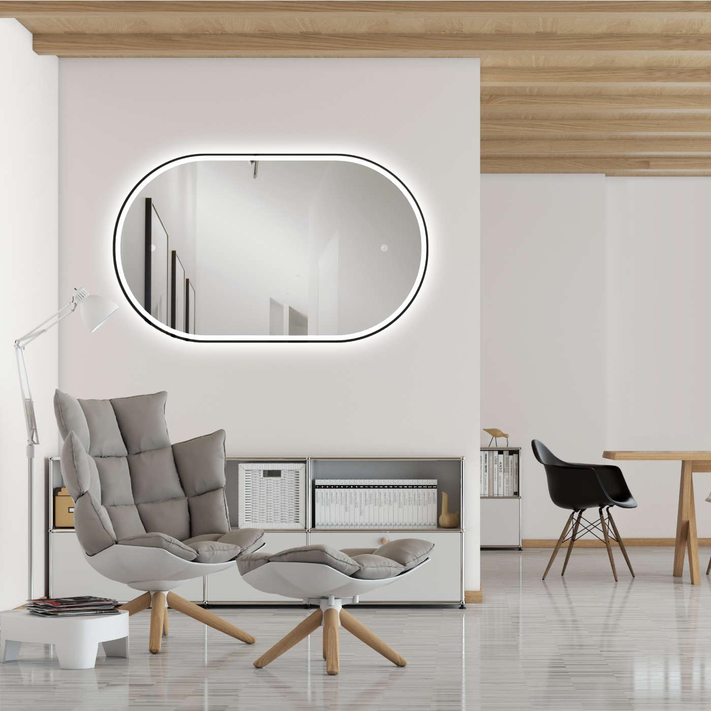 HOKO LED Design Bathroom Mirror oval 45x75 cm / 75x45 cm Brescia+ Black Metal Frame. VERTICAL+HORIZONTAL Installation. Lighted mirror, also Vanity Mirror+Touch Switch+Light Change-Warm White-Cool White-Neutral