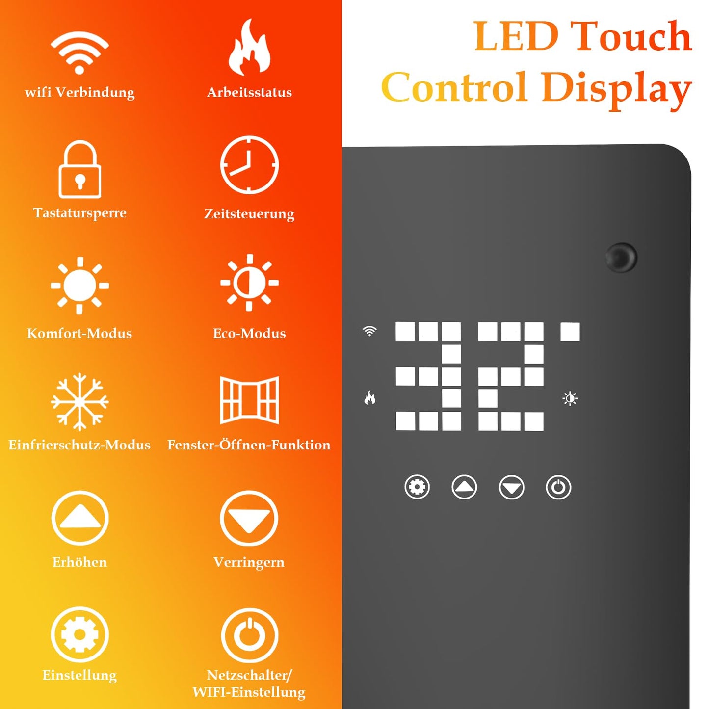 Jopassy Infrared Heater 2000W, Convector Heater with Thermostat & App Control Remote, Electric Radiator IP24, Wall Mounted, Portable Electric Heater Energy Saving.