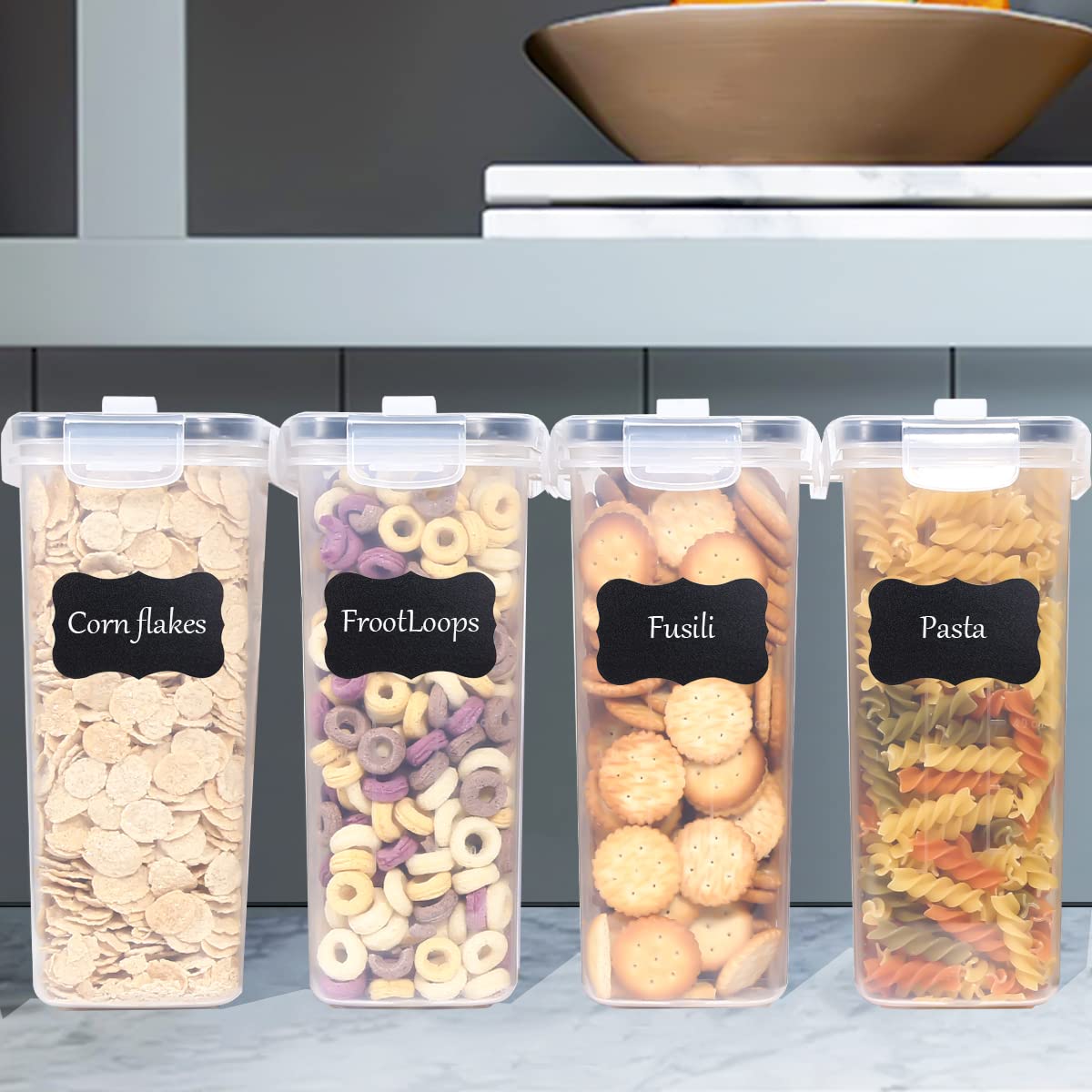 LUFEVRM 2.5L storage containers with lid, 4-piece airtight kitchen storage box sets, BPA-free plastic cereal dispensers for dry goods like cereal, flour, sugar, includes 24 labels.