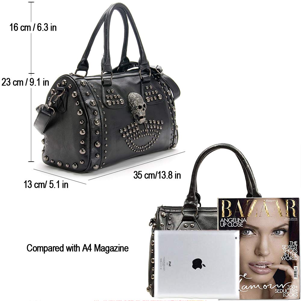 Alwaysky Women's Skull Handbag Large Capacity Gothic Shoulder Bag Studded Doctor Handbag, Black